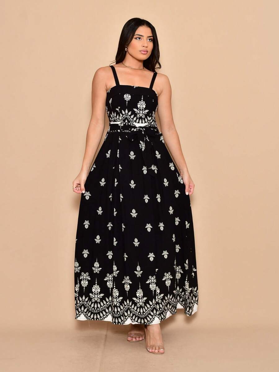 Long Dress With Printed Viscose Lastex Straps On The Back - Black - View 1