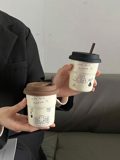 1pc Cartoon Cat Ceramic Coffee Mug, Office Latte Mug With Silicone Lid, Leak-Proof, Suitable For Office & Home Use, Microwave Friendly, Best Birthday Gift Back To School