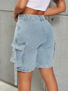 Quần short Bermuda denim dáng cargo, túi nắp gập, chi tiết rách rưới kiểu râu mèo, viền tua rua, phong cách thường ngày mùa hè. - Xanh và trắng - Xem 3