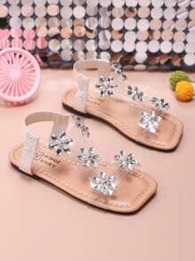 Girls' Fashionable Cute Shiny Sequin Snowflake Slip-On Flat Sandals, Open Toe Summer Flat Party Shoes, Suitable For Little Girls Beach, Party, Outdoor Camping, Flower Center Replaced By Round Rhinestone