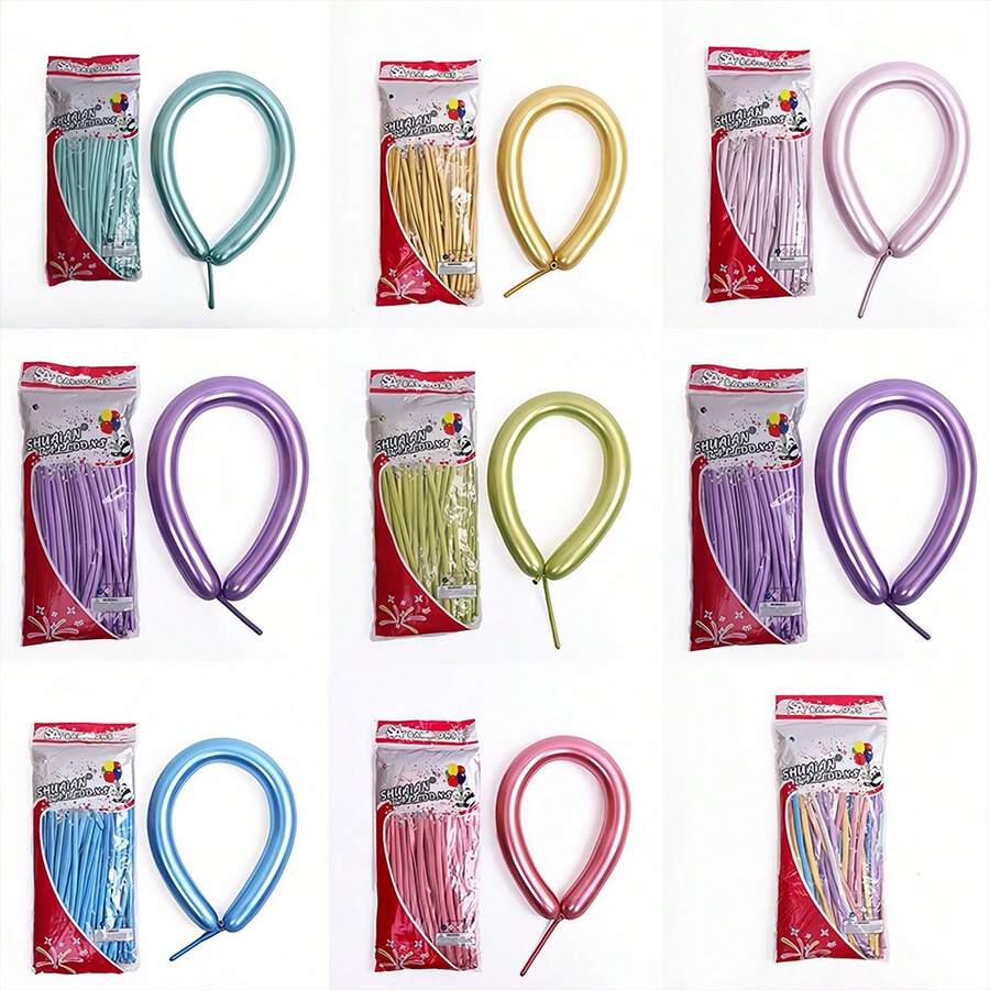 1 Paquete de 100 piezas de globos látex crom, en forma de salchicha , surtido de colores metálicos. Globos metálicos de salchicha en látex en colores metálicos brillantes ideal para decorar tus fiesta y eventos importantes - Globo metálico largo de 1,8 g - Ver 1