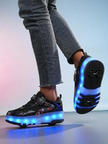 BLSART New Kids' 4-Wheel Retractable LED Light-Up Roller Shoes, Rechargeable Hidden Wheels, Colorblock Leather Hook-And-Loop Strap, Daily Commute Flashing Skating Sports Shoes For Boys And Girls - Black - View 7