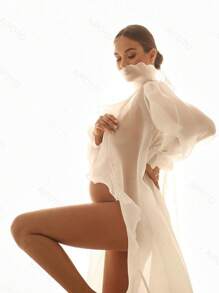 Maternity Ruffle Lantern Sleeve Chiffon Robe, Sheer Long Dress, Suitable For Photography - White - View 7