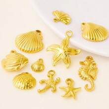 10pcs Luxury Ocean Theme Fashionable Versatile 304 Stainless Steel Gold & Silver Seahorse, Starfish, Shell Pendant DIY Jewelry Accessories