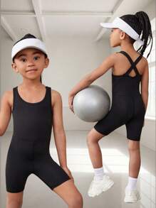 1 bộ đồ liền thân thiết kế chéo lưng thấm hút mồ hôi nhanh khô cho bé gái, bộ đồ liền thân tập thể dục yoga thể thao - màu đen - Xem 5