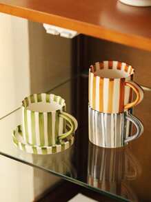 1 szt. Klasyczny ceramiczny kubek do kawy w paski i spodek, skandynawski minimalistyczny kubek w stylu retro, odpowiedni do latte, kawy, matchy, herbaty, kawy arabskiej, duża pojemność amerykańskiego kubka do kawy, świetny prezent dla przyjaciół i rodziny