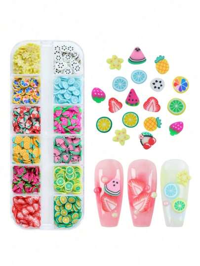 12 قطعة من صندوق قطع الطين الناعمة، تزيين الأظافر بأشكال القلب والفاكهة والزهور، ملصقات رقيقة للأظافر الجيلية، مواد تعبئة الطين البلوري، لوازم الأظافر والتميمات والأحجار الكريمة للأظافر