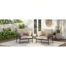 [Set Of 2] 36" Beige Iron Lounge Chair With Rope Weave Design And Plush Cushions Perfect For Indoor And Outdoor Relaxation