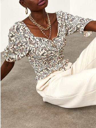 XHAN Shirred Knitted Blouse - Ecru