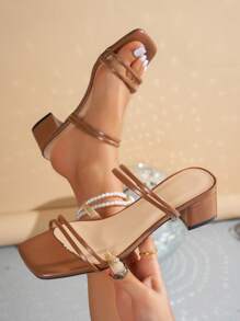 Elegant Black High Heel Sandals, Ankle Strap Peep Toe Low Block Heel Faux Leather Sandals