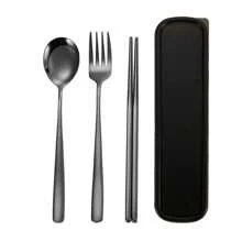 Set de 3 piezas personalizado de cuchara, tenedor y palillos reutilizables de acero inoxidable, juego de cubiertos europeos de plata para comedor, cocina, regalo de Navidad. Set de tres piezas de cubiertos de acero inoxidable, palillos, cuchara y tenedor para estudiantes y viajes.