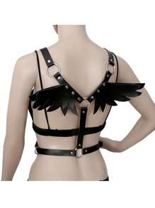 Women's Body Chest Harness Belt With Angel Wings, Adjustable Faux Leather Body Caged Neck Waist Harness Bondage Strap For Ladies, Roleplay Cosplay Costume Party Clubwear - 黑色 - 查看 5