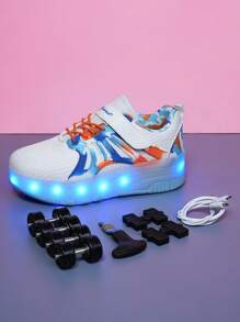 新款儿童透气网眼鞋带LED灯，户外时尚女童轮滑鞋，青少年夜光运动鞋，休闲运动
