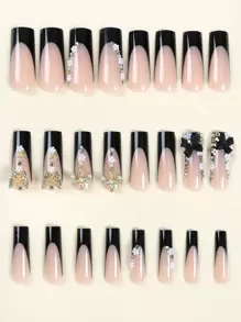 24 件 Y2K 风格指甲长方形按压指甲黑色法式尖头光泽全覆盖假指甲 3D 金属十字架和蝴蝶黑色蝴蝶结假指甲适合女士和女孩 - 包括指甲锉和果冻粘合剂指甲用品 - 黑色 - 查看 3