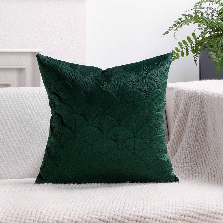 1pc Seashell Pattern Solid Color Velvet Quilted Embroidered Throw Pillow Cover, Suitable For Decorating Sofa And Bed, All Season - Dark Green - View 1