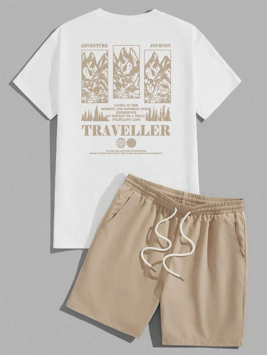 Men's Casual Short-Sleeve Crew Neck T-Shirt Set With Summer Mountain Slogan Print And Drawstring Waist Shorts - 彩色 - 查看 1