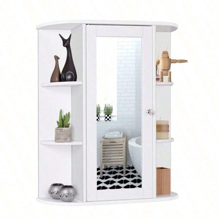Bathroom Cabinet Mirror Door Wall Mounted Cabinet Storage With Side 6 Shelve New