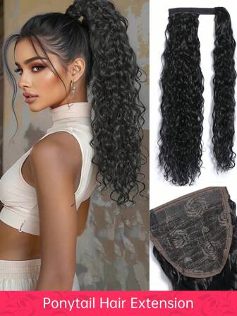 黑色马尾接发，夹式马尾接发，环绕式长波浪马尾，22 英寸合成假发，适合女孩
