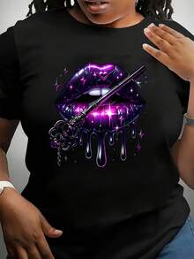 Camiseta estampada de manga corta y cuello redondo en talla grande - Negro - Ver 1