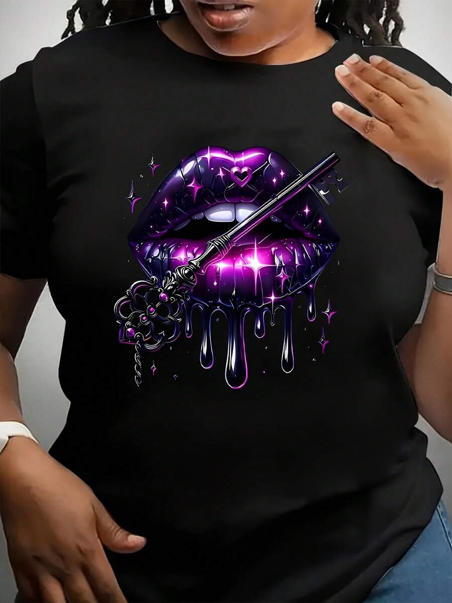 Camiseta estampada de manga corta y cuello redondo en talla grande - Negro - Ver 1