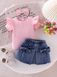 3 件套女婴时尚休闲套装：粉色罗纹针织盖袖上衣、带蝴蝶结装饰的松紧腰牛仔裙和粉色蝴蝶结发带 - 粉色 - 查看 3