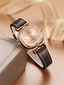 SUNLIFEX Đồng hồ nữ thanh lịch, tối giản, phong cách retro cổ điển, mặt số đính đá, dây da, thiết kế mặt vuông. - Hoa hồng vàng - Xem 4