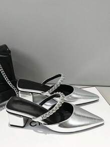 2025 New Arrival French Elegant Crystal Strap Slip-On Mule Heels, Pointed Toe | 2025 Summer New French Gorgeous Pointed Toe Crystal Silver Mid Heel Slide Sandals | 2025 New French Elegant Rhinestone Pointed Toe Thick Heel Slide Sandals, Summer - Silver - View 3