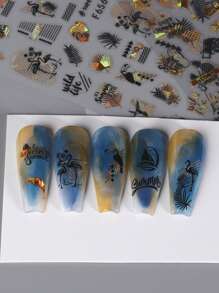 全息黑金美甲贴纸 2/4 张 3D 自粘美甲贴花 热带度假风，包含棕榈叶、菠萝、火烈鸟、冰淇淋、椰子、贝壳等美甲图案，适合 DIY 美甲装饰 - 彩色 - 查看 6
