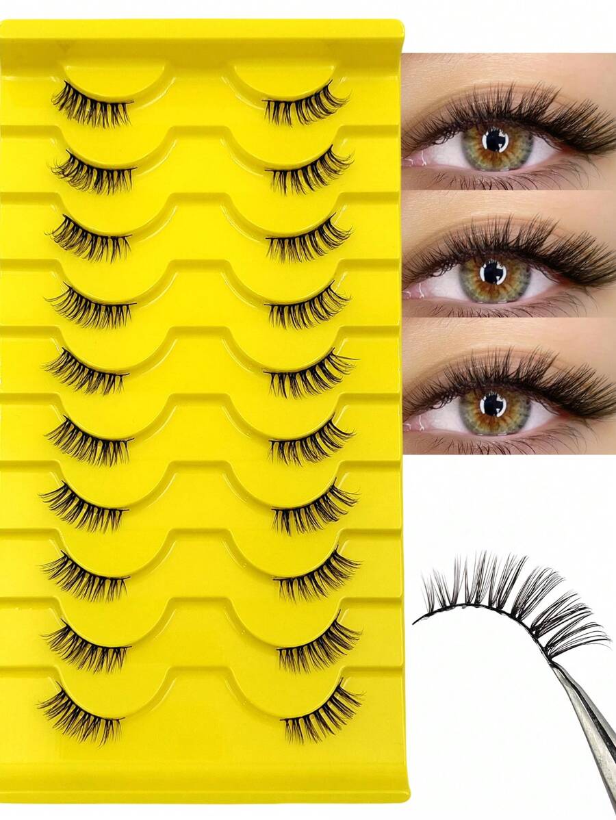Asiteo 10 pares de pestañas postizas de media pestaña, pestañas postizas falsas de aspecto natural, suaves y esponjosas de imitación de visón, extensiones de maquillaje de esquina de pestañas falsas reutilizables