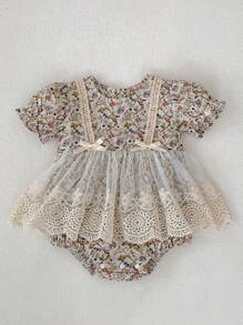 Infant/Baby Girl Round Neck Ditsy Floral Lace Mesh Romper Dress, Summer