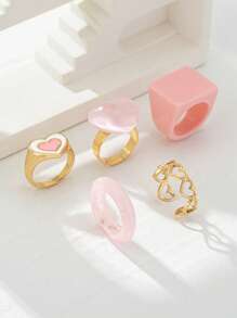 5 件彩色树脂心形戒指，女士时尚首饰套装，适合约会、母亲节、节日、海滩派对、礼物