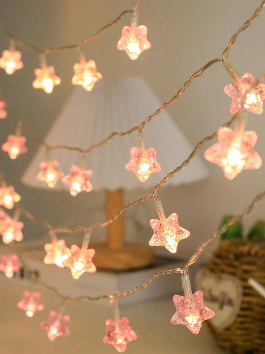 1pc 1.5/3/4.5M 10/20/30 LED Pink Crystal Star String Lights, Cute Warm Pentagram Shaped Atmosphere Decorative Battery Operated Lights For Baby Room, Bedroom, Party, Holiday Decor - Warm Light - View 1