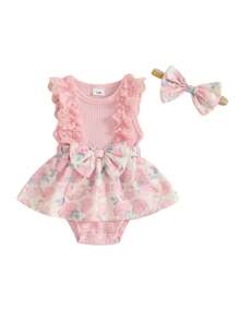 Peleles para niñas, vestidos de Pascua, encaje con volantes, estampado de huevos de Pascua, falda con dobladillo, monos para bebés con diadema - Rosa - Ver 1