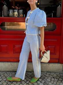 Women Casual Lightweight Blue & White Checkered Plaid Cardigan Puffled Sleeves And Crop Top With Long Pants 2 Pieces Set Loose Fit For Spring Summer Chill Holiday Outings