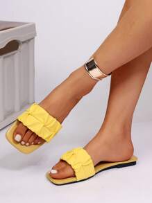 New Ruched Edged Square Toe Flat Sandals, Casual Vacation Style - Yellow - View 8