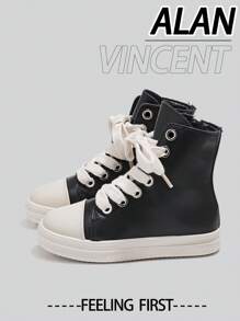 Alan Vincent Black Shoes For Women 2025 Spring New Style Women Boots High-Top Boots Women Lace-Up Zip Flat Boots Party Shoes For Women Daily Wear Ladies Shoes Casual Fashion Sneakers Outdoor Comfort Shoes Can Be Matched With Various Pants Jeans