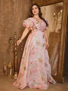 [随机剪裁] 大码女士 V 领荷叶边袖刺绣礼服、晚会礼服