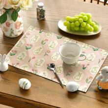 Bộ 4/6 miếng lót đĩa bếp mùa xuân, thiết kế họa tiết hoa màu hồng, dệt từ 100% sợi polyester, kích thước 12 * 18 inch, miếng lót đĩa polyester có thể giặt bằng máy, chịu nhiệt, chống bẩn, chống thấm nước, dễ vệ sinh, có thể dùng làm quà tặng, đồ gia dụng, đồ dùng nhà bếp và trang trí nội thất mùa xuân. - Mẫu hình con thỏ - Xem 1