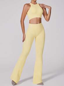 NcmRyu Women's Elastic Backless Camisole And Wide Leg Pants Sports Suit Set - Yellow - View 2