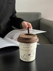 1 件卡通猫陶瓷咖啡杯，带硅胶盖的办公室拿铁杯，防漏，适合办公室和家庭使用，可微波炉加热，是返校最佳生日礼物