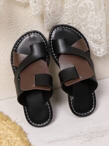 1 Pair Black Plus Size Toddler Girls' Fashion Slippers, Black & Brown PU Strap, Round Toe Slip-On Design, Lightweight & Stylish, Versatile & Cute Roman Sandals, Suitable For 3-15 Years Old Students For Daily, Casual, Party, Travel, Spring/Summer 2025, Recommend Ordering One Size Up - Grey - View 4