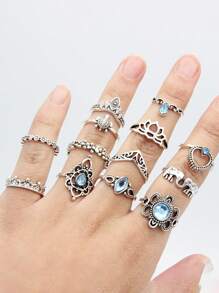 Bộ 13 chiếc/Bộ Nhẫn trang trí hình rùa và trái tim bằng hợp kim kẽm cổ điển ngẫu nhiên dành cho nữ làm quà tặng ngày lễ tình nhân - Màu Bạc Cổ - Xem 5