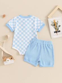 Conjunto de 2 piezas de ropa de verano para bebés, con botones de cuadros, mameluco de manga corta y pantalones cortos - Azul cielo - Ver 6
