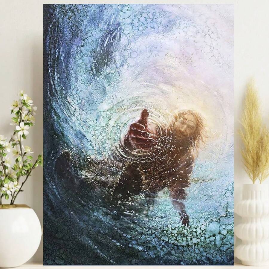 Framed Jesus Christian Canvas Wall Art Hand Of God Reaching Into Water Picture Bible Christ Religion Painting Wall Decor Poster Print For Living Room Bathroom Bedroom Church Home Decoration