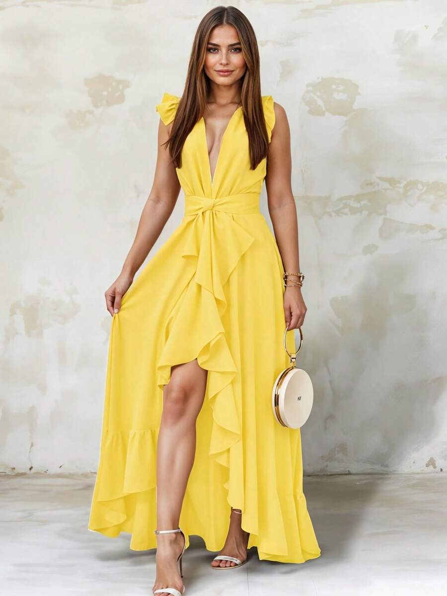 Women's Elegant Off Shoulder Deep V Neck Ruffle Leg Slit Maxi Dress - Yellow - View 1
