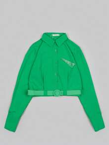 Camisa casual lisa con bolsillo de pedrería y cinturón para mujer de moda - Verde - Ver 7