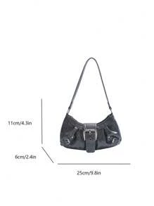 1pc Women's Vintage Retro Punk Motorcycle Rivet Decor Adjustable Strap Large Capacity Soft Faux Oiled Leather Ombre Color Shoulder Underarm Baguette Square Bag, Suitable For Work, Commute, Dates, Parties, Vintage Bag For Women, Halloween Purse Perfect For Fancy Party Halloween Fashion & Gothic Fashion , Office Bag , Goth , Punk - Black - View 8