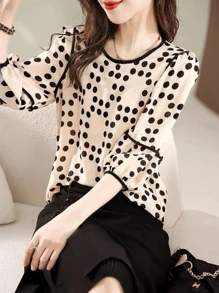 YUXIN 泡泡袖衬衫，时尚波尔卡圆点夏季女式衬衫 - 杏色 - 查看 2