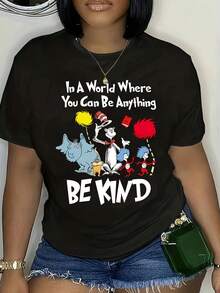 Camiseta de Talla Grande con Estampado de Animales y BE KIND, Top Casual de Manga Corta y Cuello Redondo para Primavera y Verano, Ropa de Talla Grande para Mujeres - Negro - Ver 4