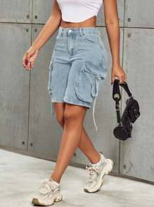 Quần short Bermuda denim dáng cargo, túi nắp gập, chi tiết rách rưới kiểu râu mèo, viền tua rua, phong cách thường ngày mùa hè. - Xanh và trắng - Xem 4